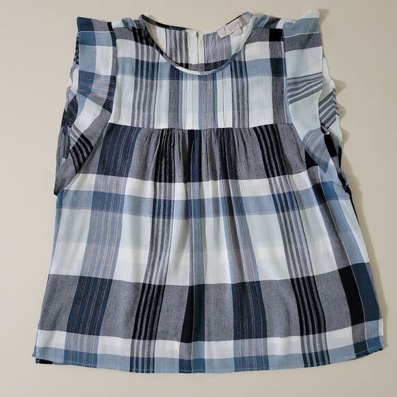 Loft Blue Plaid Rayon Sleeveless Ruffle Blouse - Picture 4 of 16